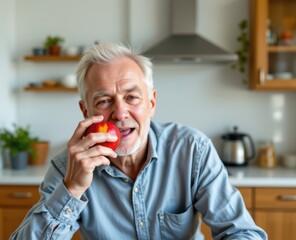 Cheerful older man enjoying an apple in a modern kitchen.