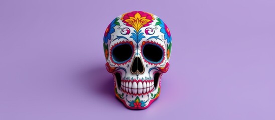 Colorful decorative skull on a purple background.