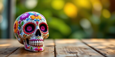 Colorful decorative skull resting on wooden surface with blurred background.