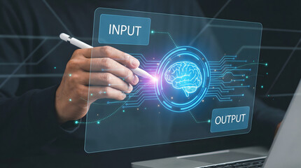 Human hand using digital pen interacting with artificial intelligence brain interface