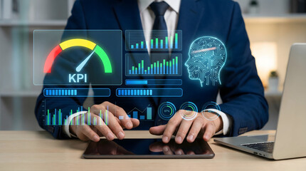 Professional analyzes vital business KPI and AI insights on a vivid interactive digital display