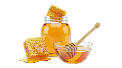 Honey in Jar, Bowl, and Honeycomb with Dipper