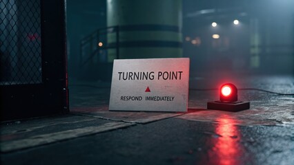 Warning Sign at a Turning Point with a Red Light Indicator in a Dimly Lit Warehouse Setting