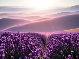 Obraz premium Lavender haze blankets rolling hills, a painterly scene of quiet, sun-drenched peace, soft focus, hills