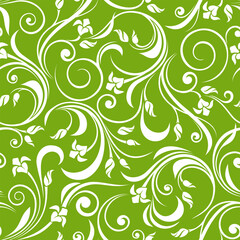 Seamless floral swirl pattern with small flowers and leaves on a green background. Vector green and white floral print