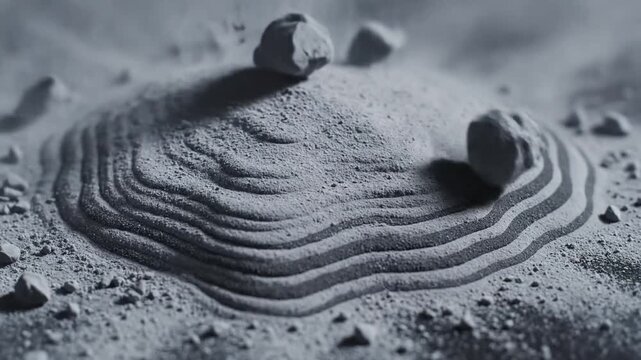 Close-up of a sand zen garden with intricate wave patterns and small rocks on a flat surface with a monochromatic color scheme.