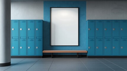 Empty poster frame mockup on a school hallway wall with blue lockers, modern educational institution interior branding template