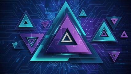 Abstract digital art with nested colorful triangles & circuit board background