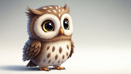 Adorable cartoon owl with large, captivating eyes, soft feathers and a neutral background