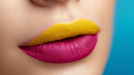 Bold colorful lips with vibrant yellow and magenta lipstick close-up