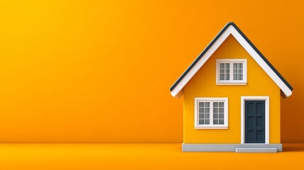 Vibrant yellow house front with blue door on orange background