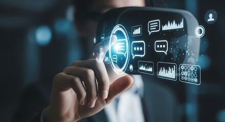 Hand interacting with holographic interface isolated on white background.