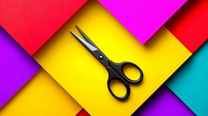 Black scissors on vibrant multicolored paper sheets background