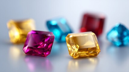 Colorful gemstones in focus: yellow, pink, blue, red jewels on soft background