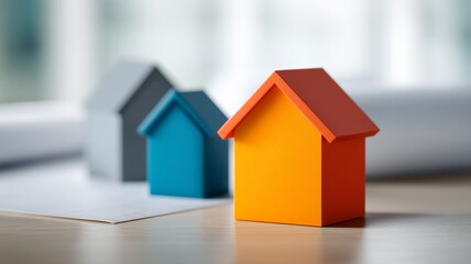 Colorful house models on desk representing real estate concepts