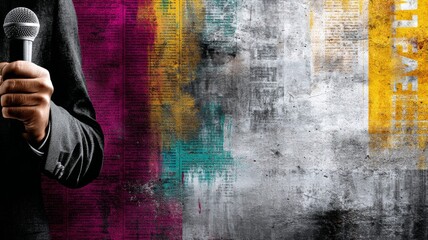 Male speaker holding microphone against colorful urban graffiti wall