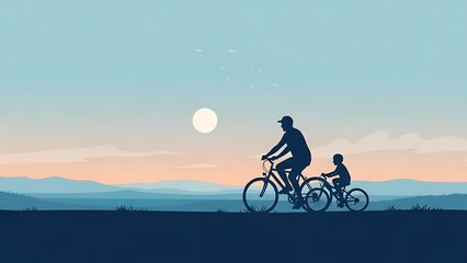 Fototapeta premium Father and child riding bicycles together on a serene landscape during international father day at dusk with a beautiful full moon rising