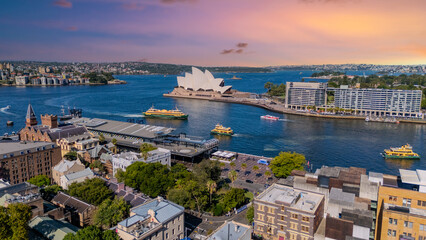 21 January 2026 Aerial Drone View of Sydney Harbour Circular Quay on a nice Summer day beautiful Sky in Sydney NSW Australia