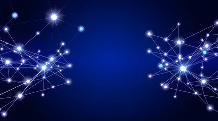 Abstract glowing network of connected nodes and lines on a deep blue background, representing data transfer, technology, and communication