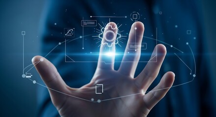 Hand with digital interface elements isolated on white background.