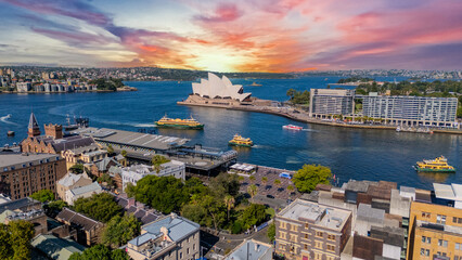 21 January 2026 Aerial Drone View of Sydney Harbour Circular Quay on a nice Summer day beautiful Sky in Sydney NSW Australia
