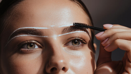 Close-up view of a woman's face with hand holding mascara wand shaping eyebrow, dark blurred background, beauty tutorial perspective