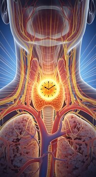 Medical illustration of thyroid gland with biological clock showing circadian rhythm and metabolic timing