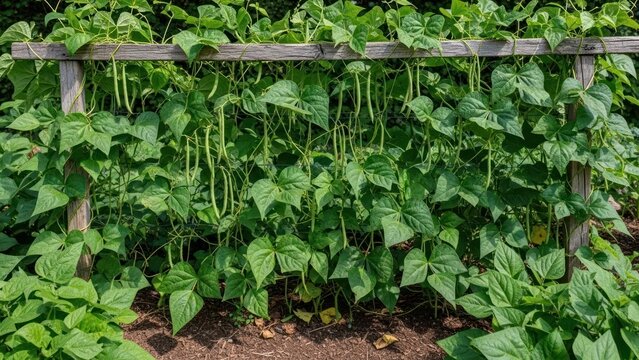 Close-up of climbing long beans growing on a wooden trellis in a lush garden