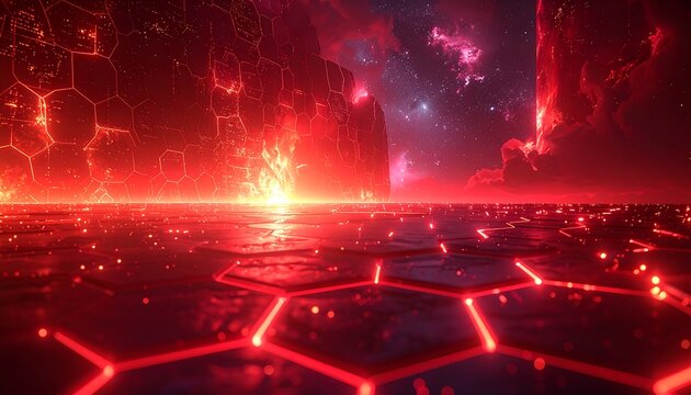 A surreal, fiery landscape with a hexagonal patterned floor reflecting the glow of an otherworldly sky and jagged rock formations