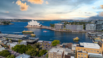 21 January 2026 Aerial Drone View of Sydney Harbour Circular Quay on a nice Summer day beautiful Sky in Sydney NSW Australia