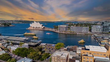 21 January 2026 Aerial Drone View of Sydney Harbour Circular Quay on a nice Summer day beautiful Sky in Sydney NSW Australia
