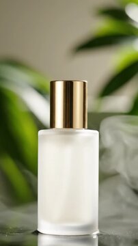 Elegant minimalist perfume bottle with gold cap against lush green foliage background in slow motion