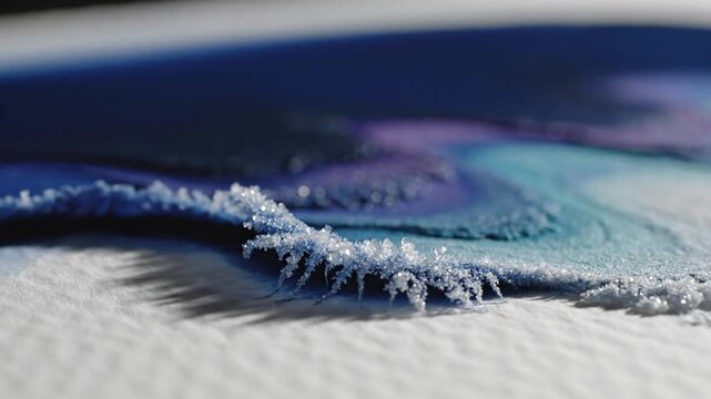 Close-up of a blue and purple fabric with a frayed edge on a white textured surface with shallow depth of field.