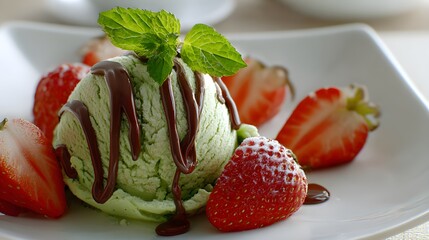 Delicious matcha or avocado ice cream scoops with chocolate sauce