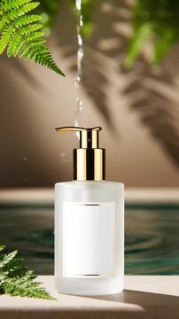 Glossier liquid soap dispenser with a minimalist design situated outdoors with lush green ferns in the background and warm