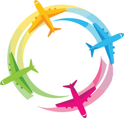 Colorful airplanes circular travel vector illustration symbolizing global tourism aviation journey motion flight routes modern business marketing design © MdTajemul