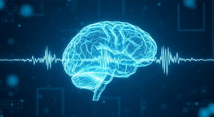 Digital brain with sound waves isolated on white background.