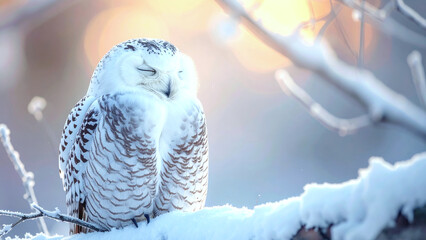 Snowy owl resting on a snow-covered branch in winter