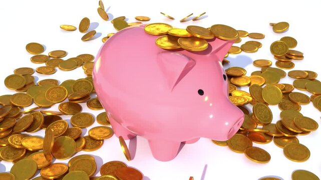Golden Coins Falling on Piggy Bank, Financial Savings Concept