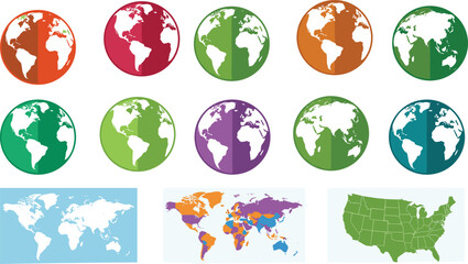 Colorful world map and globe icon set illustration featuring Earth continents, global geography, international locations, and cartography symbols for education and design use