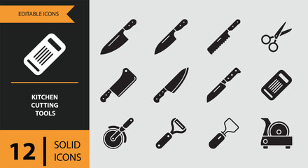 Obraz premium A comprehensive set of 12 solid icons featuring essential kitchen cutting tools for various culinary tasks