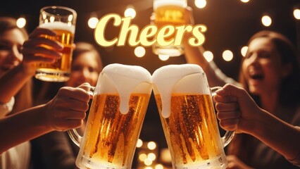 Group of people toasting with beer mugs, illuminated by string lights. "Cheers" overlay