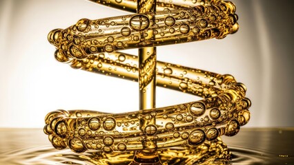 Golden helix structure with embedded bubbles, vertical, reflecting light, against a gradient backdrop