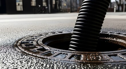Flexible hose inserted into a manhole for trenchless pipe relining, representing sewer repair and no-dig pipeline restoration. Illustration |  photo 