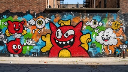 Colorful street art mural with cartoon monsters, eyes, and clouds on brick wall