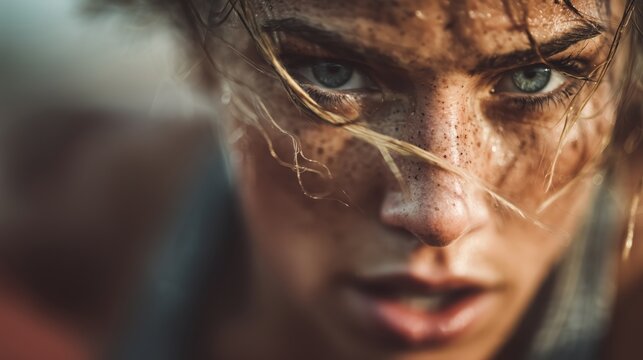 Intense Determination Fitness Woman Closeup Portrait in Action