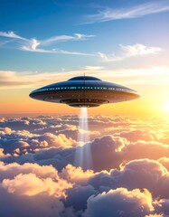 A futuristic spaceship hovers above clouds at sunset