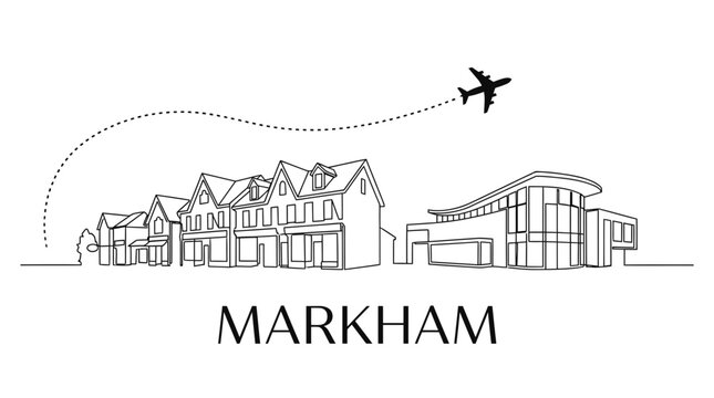 Markham city skyline with flying airplane vector illustration