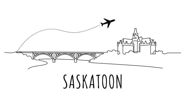 Saskatoon city skyline with bridge and airplane vector illustration