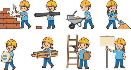 Collection of Cute Cartoon Construction Workers Performing Various Building Tasks with Tools and Safety Equipment in Flat Vector Style Illustration